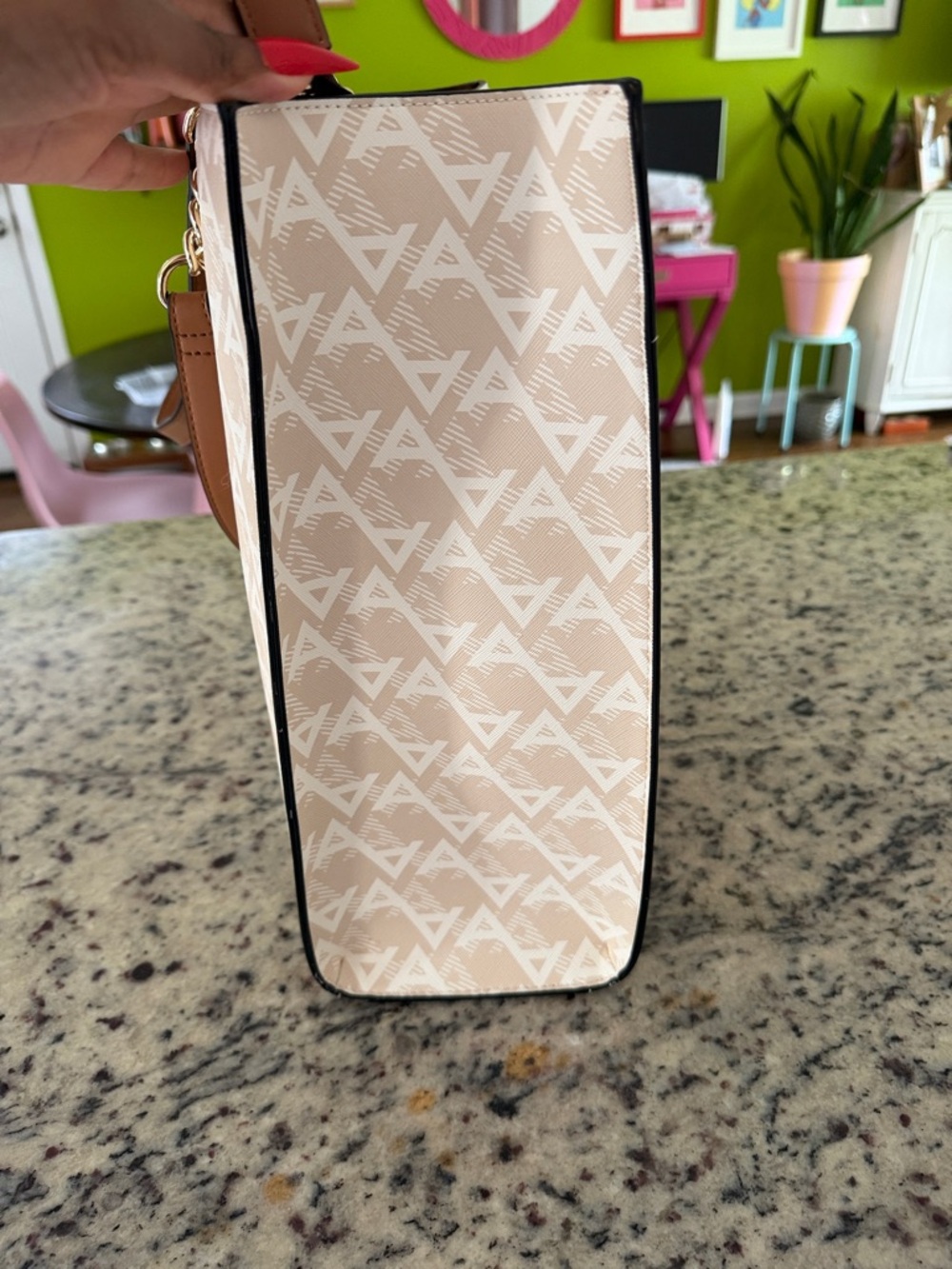 ALDO Beige & Brown Monogram Tote with Gold Chain Handles never worn - Picture 4 of 14